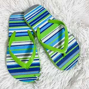 Youth Girls Blue + Green Striped Beach Flip Flops